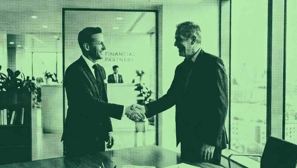 A financial advisor is shaking a client's had.