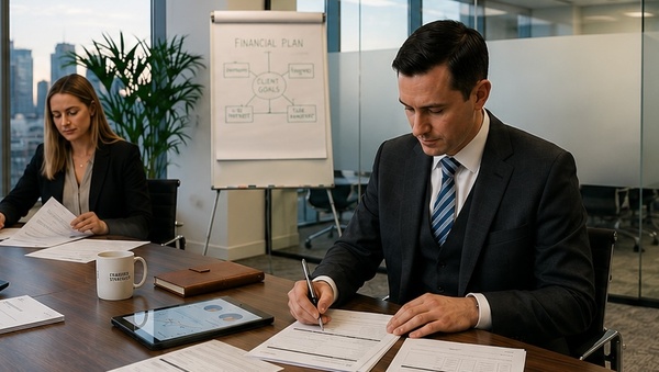 An advisor working on compliance paperwork at a meeting table