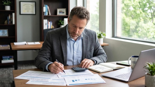An RIA calculating the costs to run his business at his desk. 