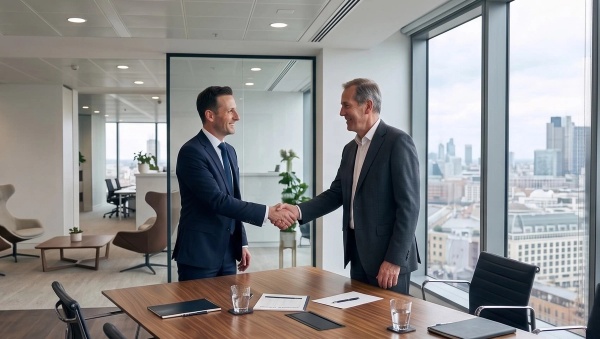 A financial advisor is shaking a client's had.