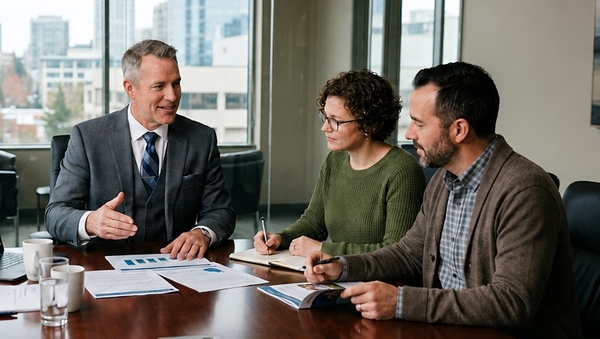 A financial advisor talking with a couple about their retirement portfolio.