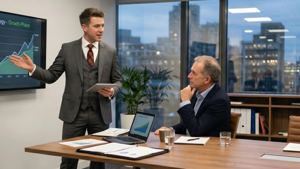 A financial advisor tailoring a wealth strategy to a client goal in his office.
