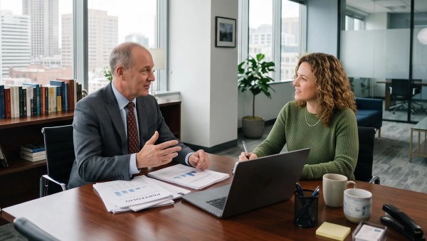 A financial advisor speaking with a client. 