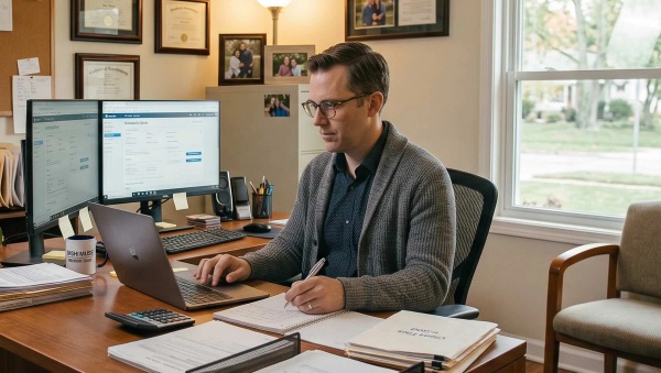 An insurance agent using AI on a laptop to be more productive.
