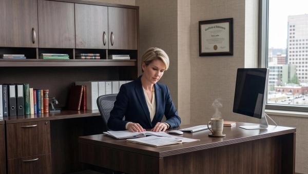 A financial advisor being productive at her desk. 
