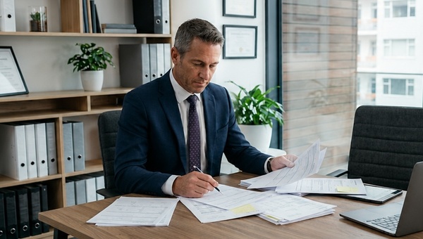 A financial advisor filing out form U4.