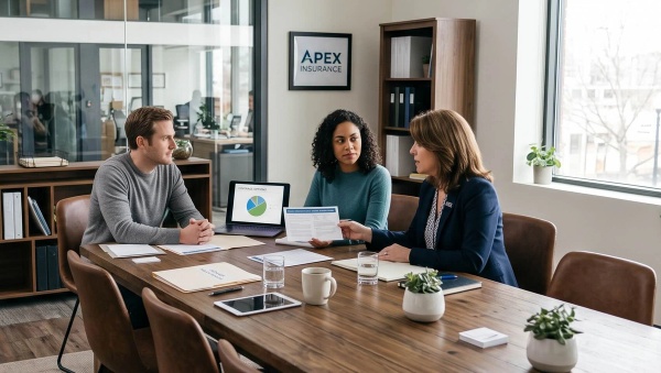 A insurance agent speaking with a couple in a meeting room.