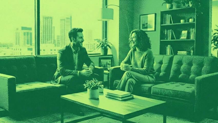 A financial advisor speaking with a client in the middle of his office. They are sitting on two separate couches that are next to each other.