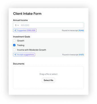 Screenshot of Jump’s Client Intake Form showing editable fields for annual income, investment goals, and document upload, with AI-suggested values highlighted.