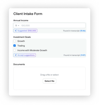 Screenshot of Jump’s Client Intake Form showing editable fields for annual income, investment goals, and document upload, with AI-suggested values highlighted.