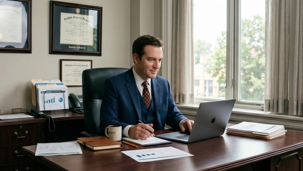 A financial advisor optimizing his calendar at his desk to make sure he is following time management best practices.