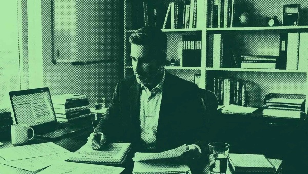 A financial advisor creating a business plan at his desk.