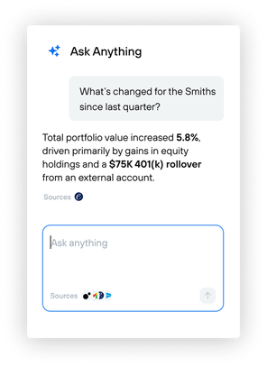 Screenshot of Jump’s “Ask Anything” feature showing a user query and AI-generated financial summary with connected data source icons below.