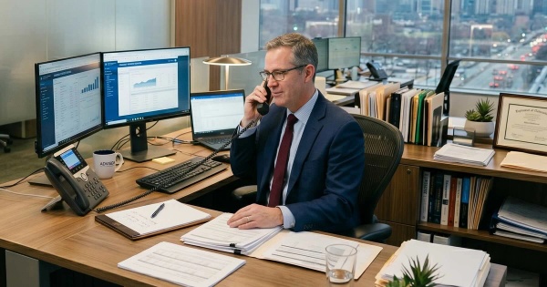 An advisor on the phone with a prospect trying to get a new client, so that he can increase his AUM.