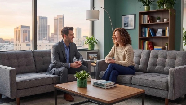 A financial advisor speaking with a client in the middle of his office. They are sitting on two separate couches that are next to each other.
