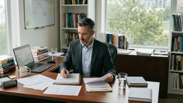 A financial advisor creating a business plan at his desk.
