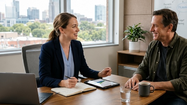 A financial advisor asking questions in a discovery meeting with a potential client.