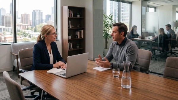 A financial advisor using AI on their laptop to take notes while she onboards a client.