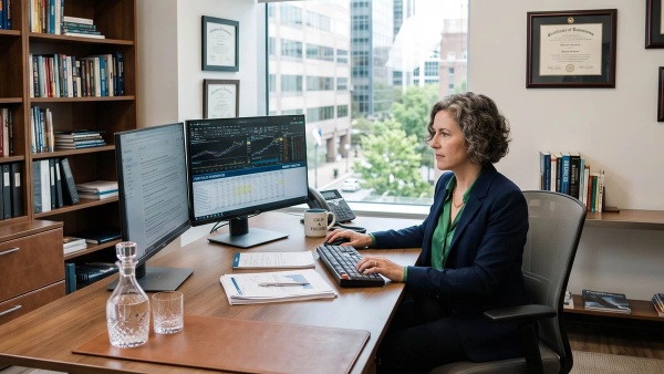 A financial advisor organizing notes that were automated.