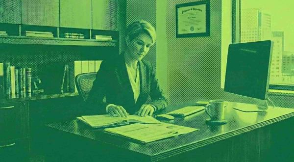 A financial advisor being productive at her desk. 