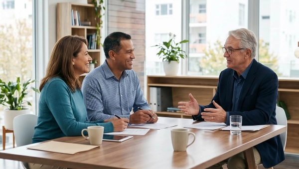 A financial advisor going over his client service model with a couple.