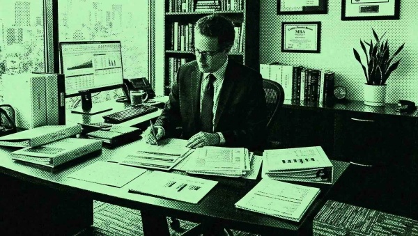 A financial advisor trying to follow financial advisor regulations by filling out paperwork.