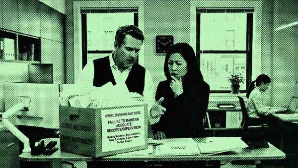 Two advisors talking about the potential breach of fiduciary duty penalties.