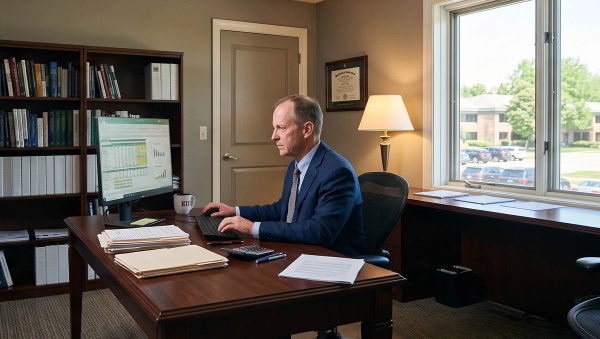 A financial advisor typing numbers into a excel document that tracks his performance metrics.