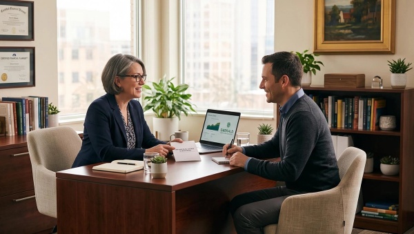 An RIA speaking with a client in their office. 