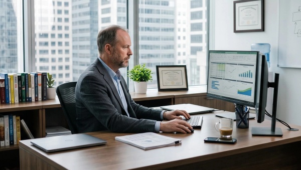 A financial advisor using AI at their desk.