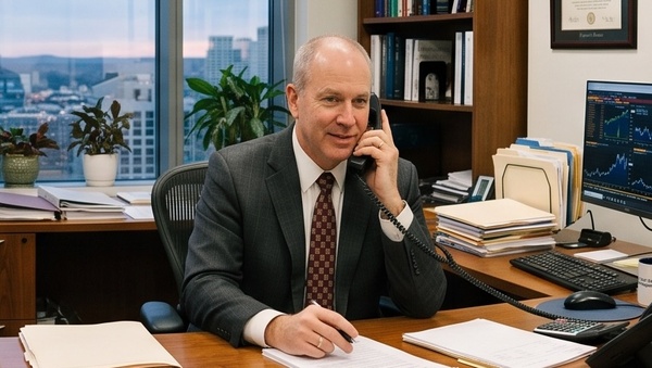 A financial advisor talking to a client on the phone about life insurance.