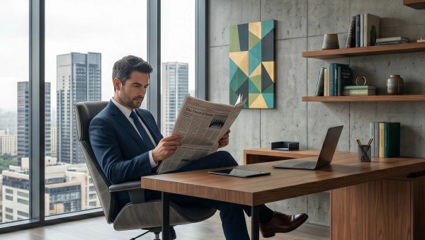A financial advisor trying to keep up with financial advisor industry trends by reading the paper.
