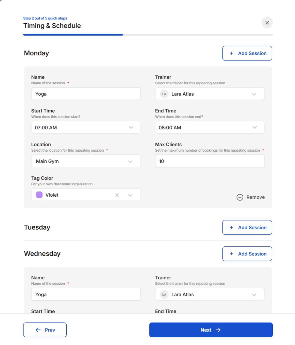 Timing and Schedule screen with Yoga sessions added to Monday and Wednesday and fields for trainer, times, location and maximum clients.
