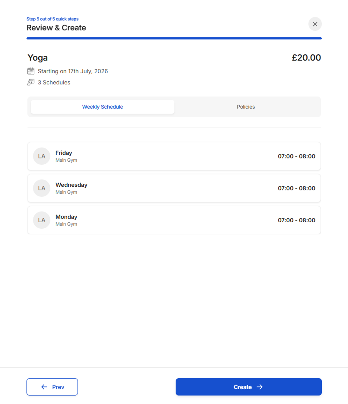 Review and Create screen showing a Yoga class with its price, start date and three weekly schedules.