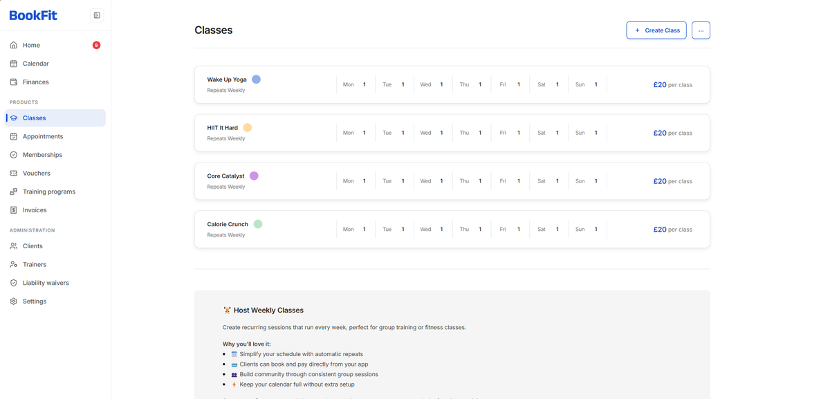 BookFit Classes page with the Classes menu selected and the Create Class button in the top-right corner. Caption: Open Products, select Classes and then select Create Class.