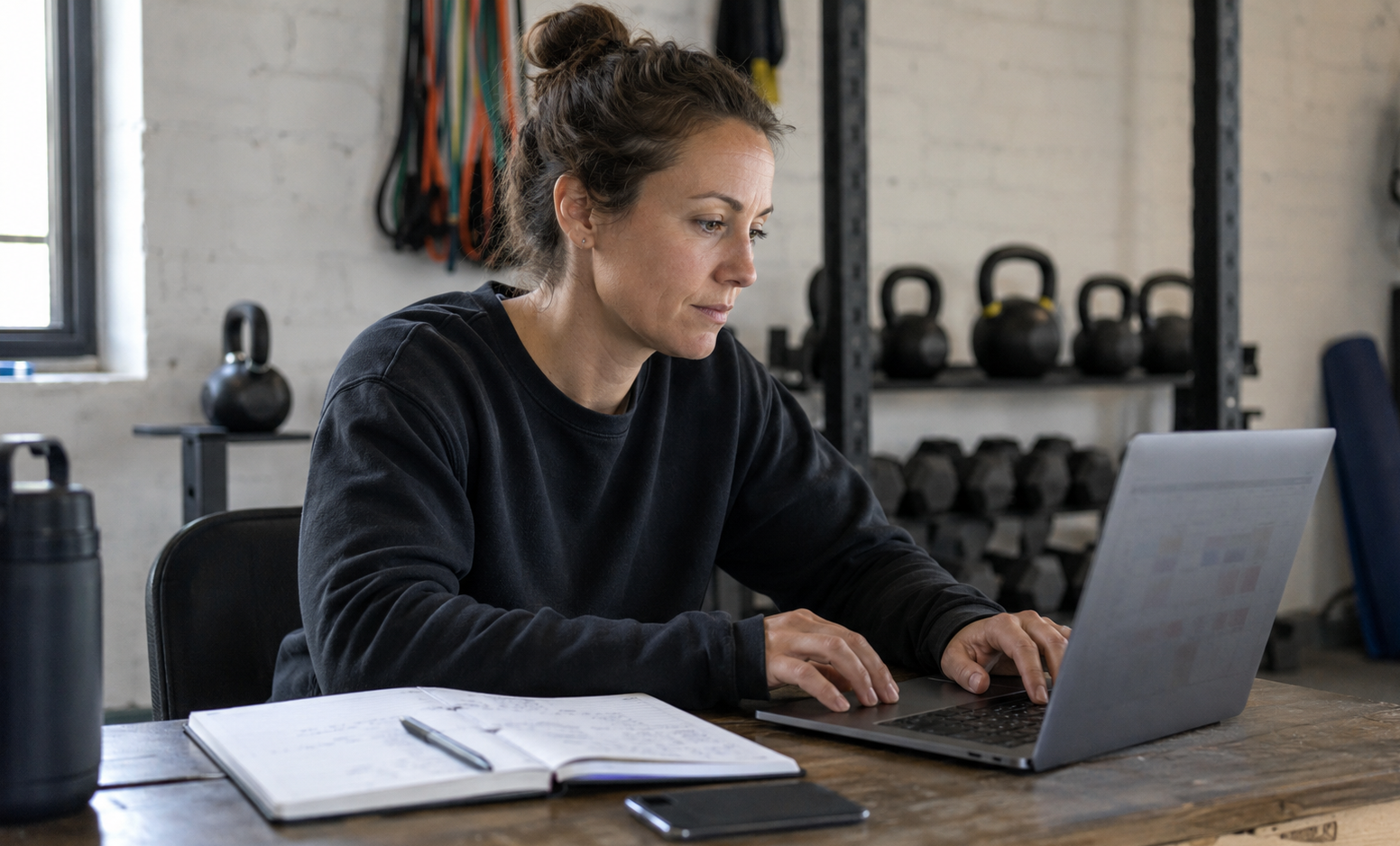 Fitness professional organising a class schedule on a laptop at a desk inside a small fitness studio.