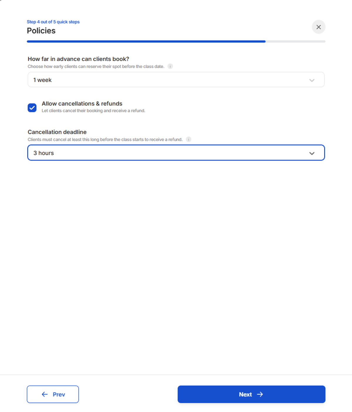 Policies screen showing bookings opening one week in advance, cancellations and refunds enabled, and a three-hour cancellation deadline.