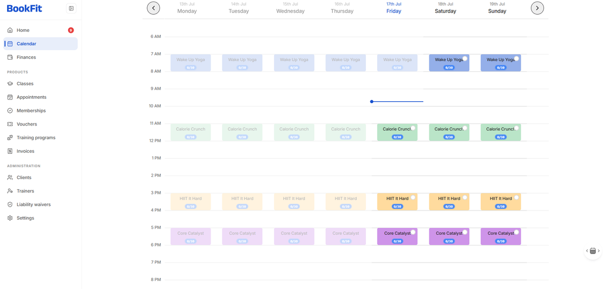 BookFit weekly calendar showing colour-coded repeating classes at different times with booking capacity counters.