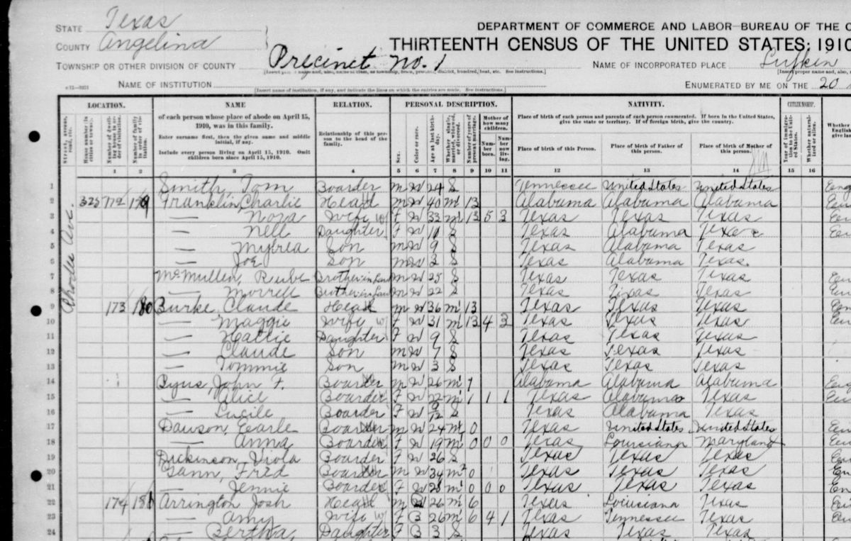 A page of 1910 census handwriting from Lufkin, Texas, with printed column headings and rows of names, ages and birthplaces.