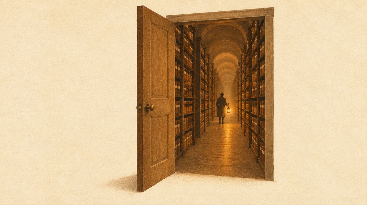 An open archive door with no lock on it, a long corridor of identical shelves behind it, and a small figure with a lantern halfway down.