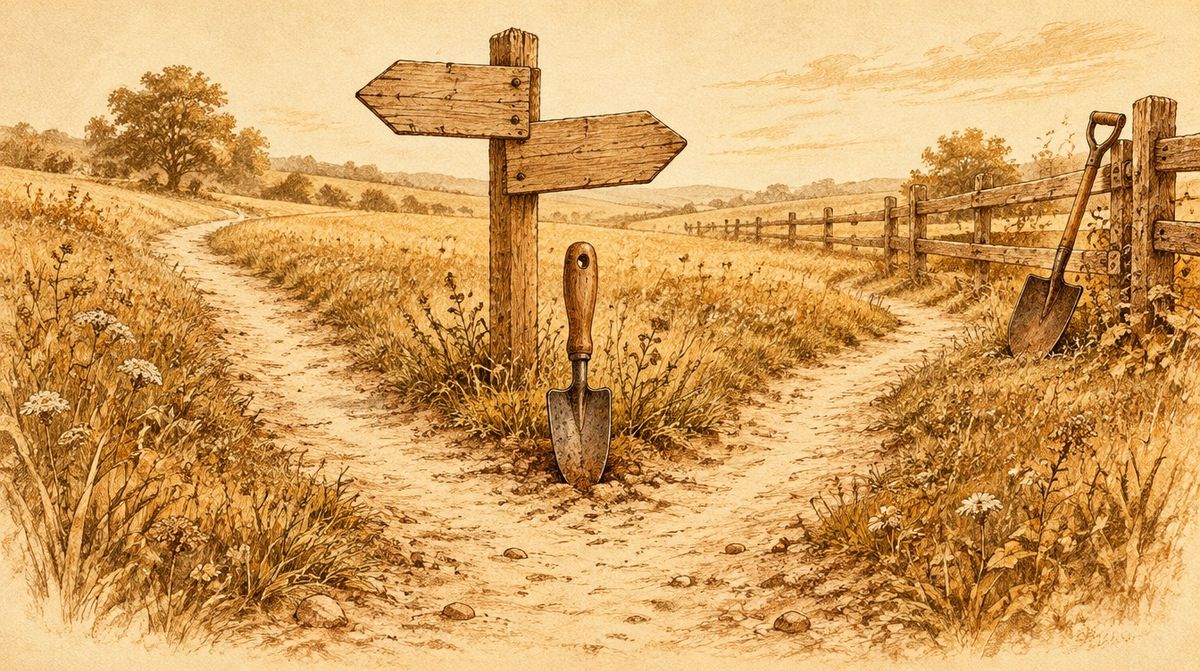A fork in a footpath with two wooden signposts, one reading keep digging and the other bring a second shovel, and a garden trowel planted in the ground at the junction.