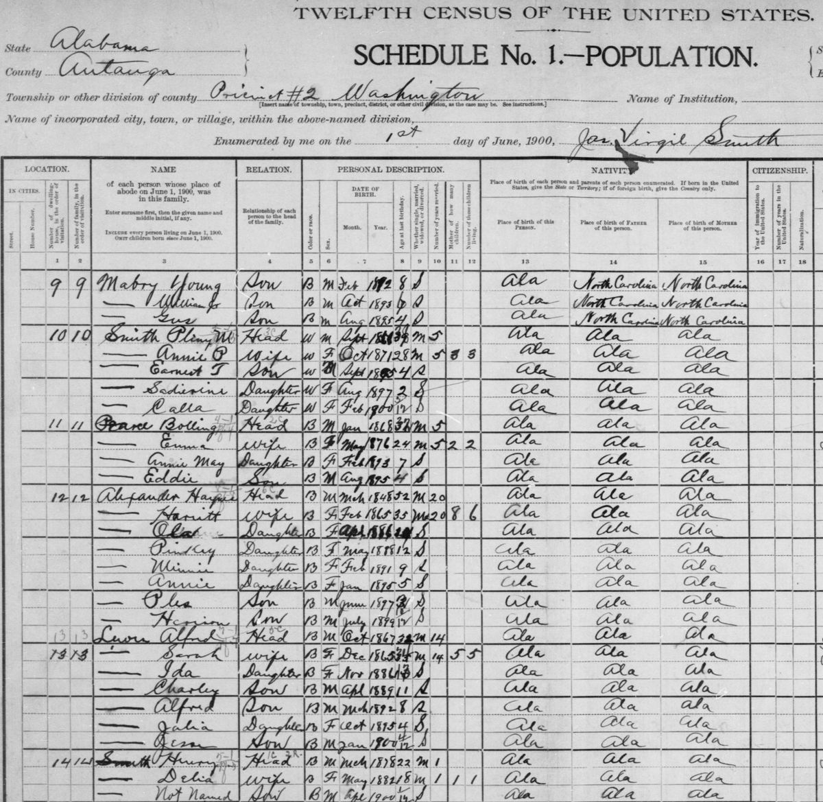 A page of the 1900 census for Autauga County, Alabama, with handwritten names, relationships, birth months and years, ages and birthplaces in ruled columns.