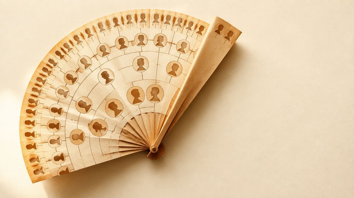 An illustration of a pedigree fan chart whose outer ring folds back on itself like a paper fan closing, two of its blades overlapping and merging into one.