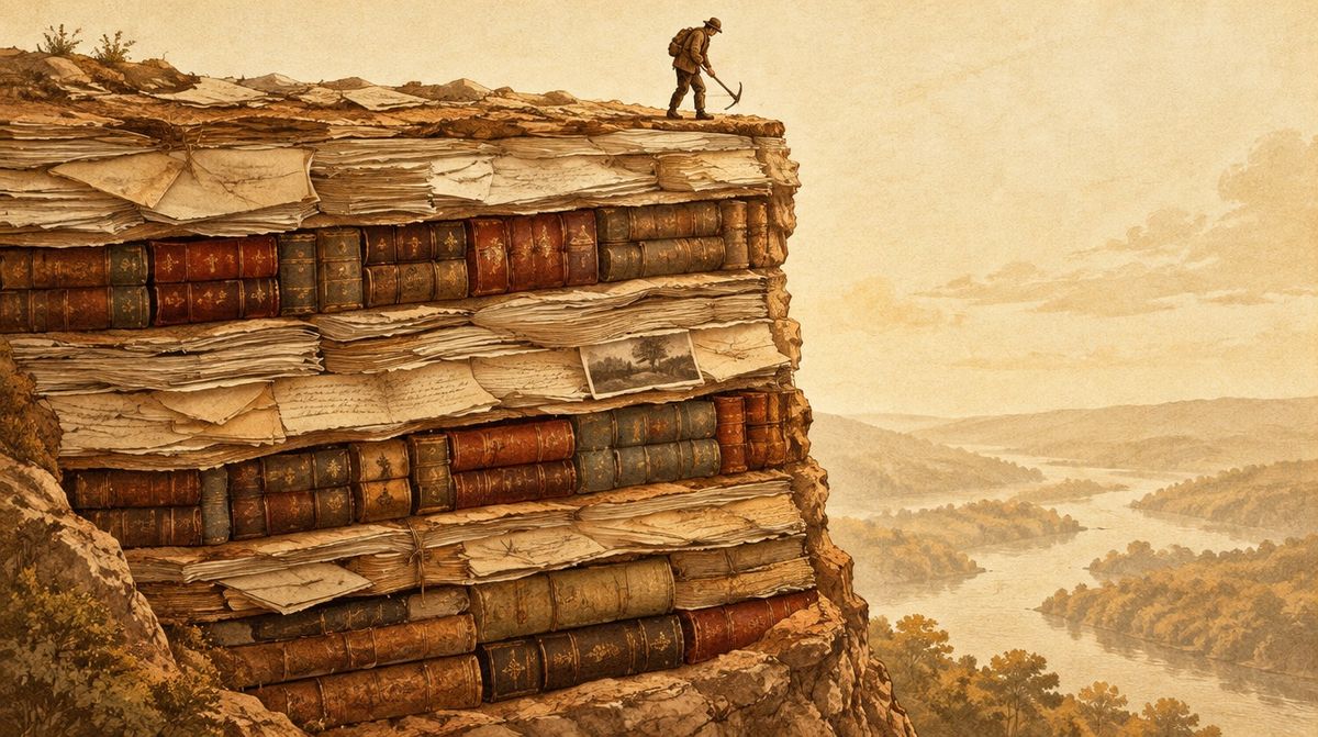 An illustration of a cliff face drawn as layered rock strata, census pages on the top layer, vital records beneath, newspapers below that and church books at the bottom, with a small figure swinging a pick at the top layer.