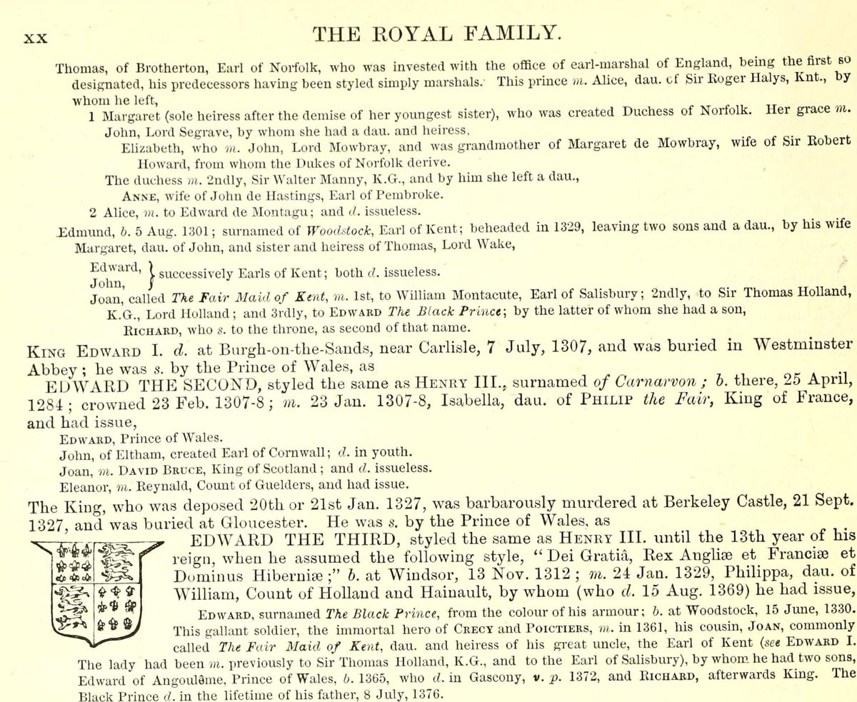 Printed page headed The Royal Family, with indented paragraphs of descents, a small coat of arms at left and a bold paragraph on Edward the Third.