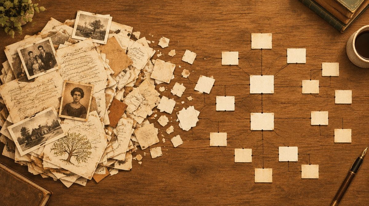 An illustration of a desk seen from above, with a stack of unsorted papers on the left dissolving into a tidy constellation of linked note cards on the right, lines connecting them.