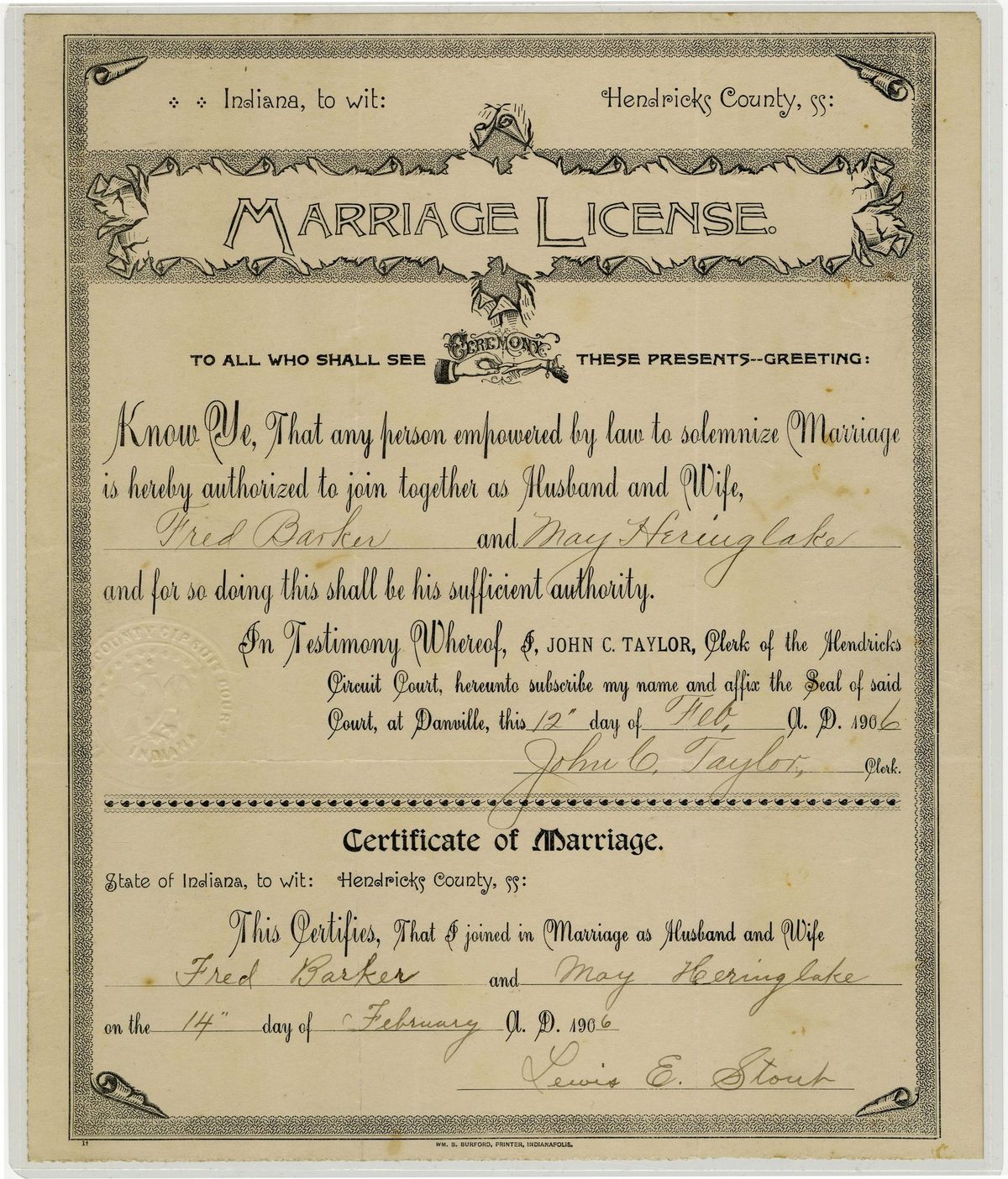 A printed and handwritten marriage license and certificate of marriage for Fred Barker and May Heringlake, Hendricks County, Indiana, February 1906, with an embossed court seal.