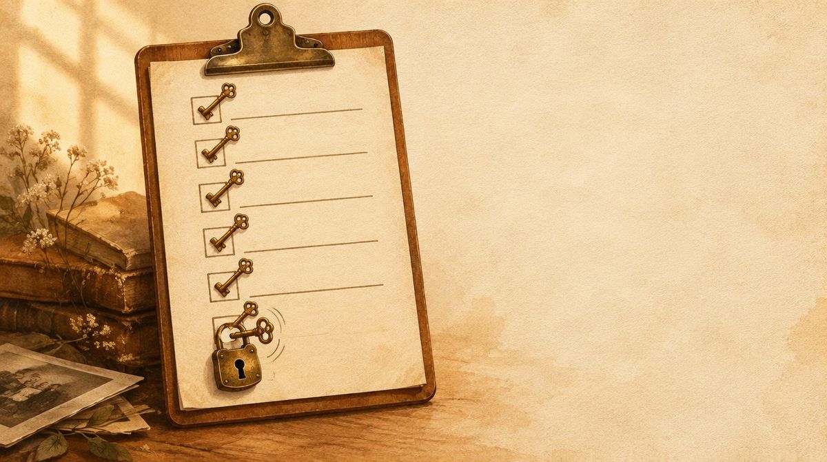 An illustration of a clipboard checklist where every tick mark is a small brass key, and on the last line a key turns in a padlock.