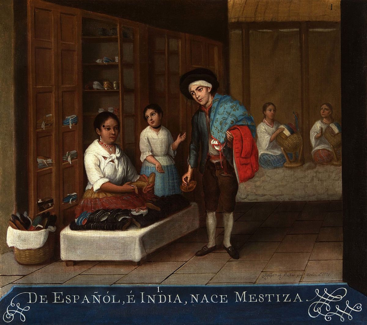 An oil painting of a woman selling shoes from a table with a girl beside her and a man in a blue shawl, above a blue plate that reads De Español, é India, nace Mestiza.
