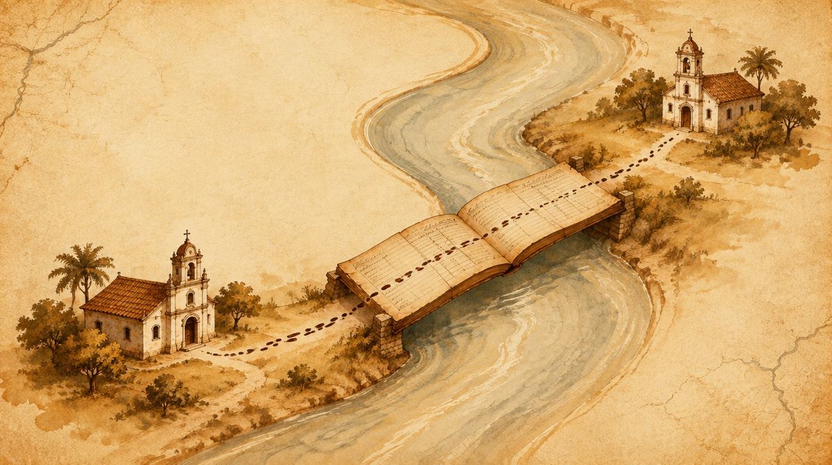 An illustration of the Rio Grande as a ribbon with a church on each bank and a dotted line of footprints crossing a bridge made of register pages.